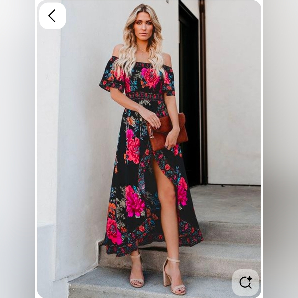 Vici Black One-Shoulder Floral Maxi Dress with Pink & Orange Blooms